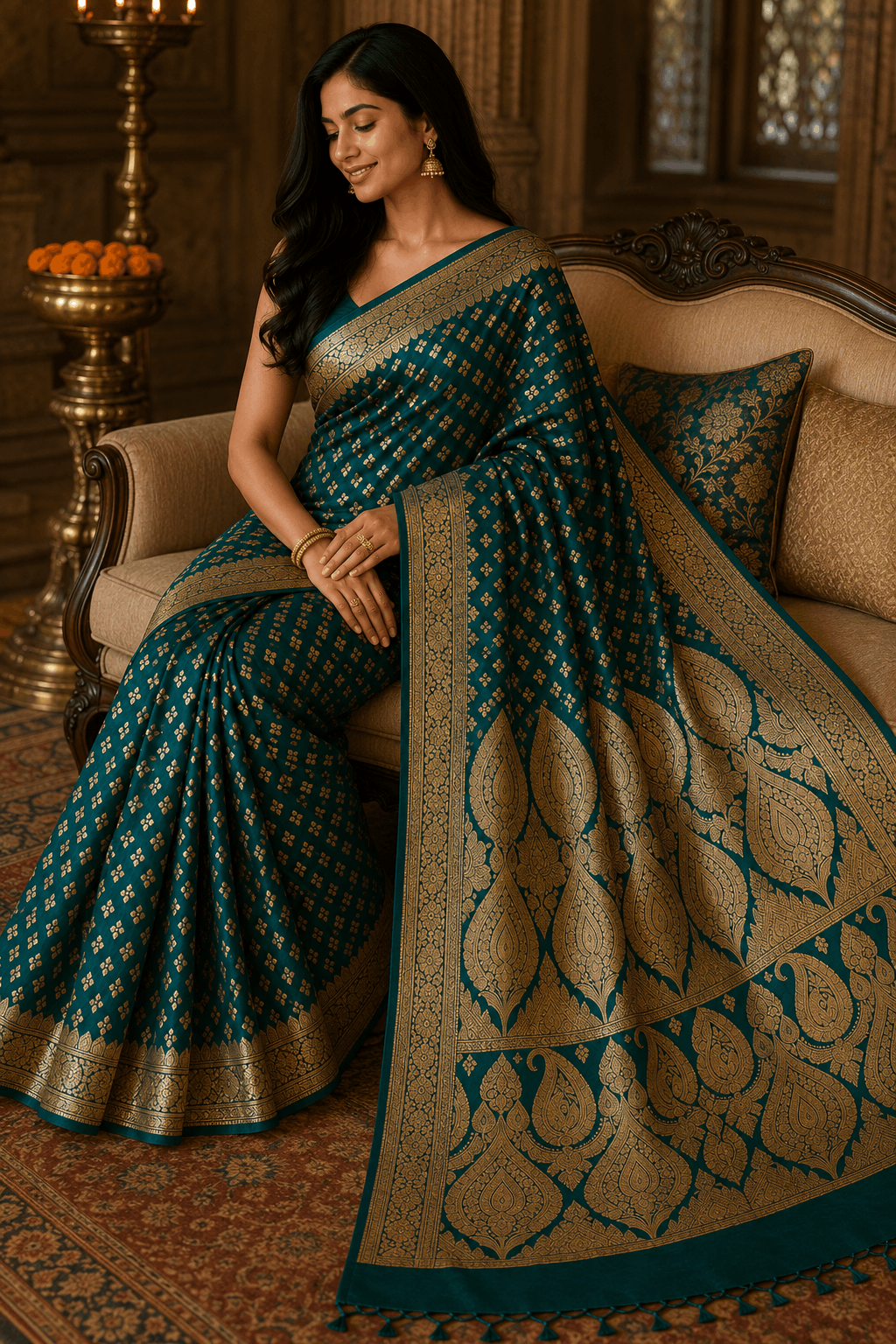 Teal green Banarasi silk saree flat lay showing full gold zari buti body and oversized paisley zari pallu