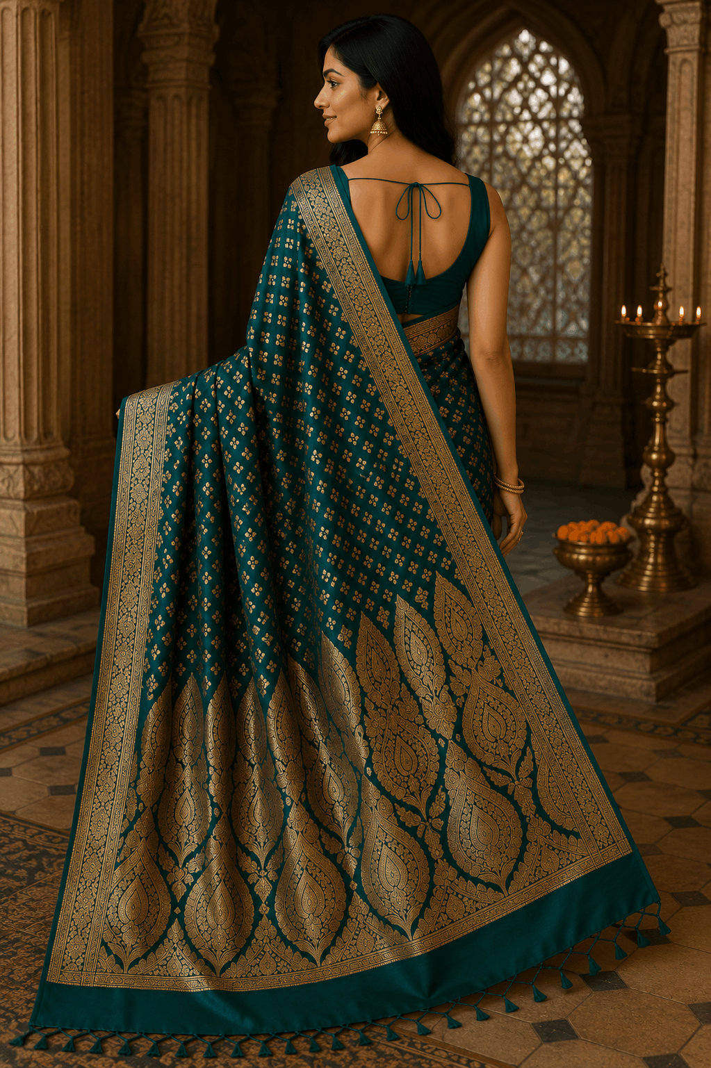 Side drape view of teal green Banarasi silk saree with kadhwa gold buti and bold paisley pallu at heritage monument