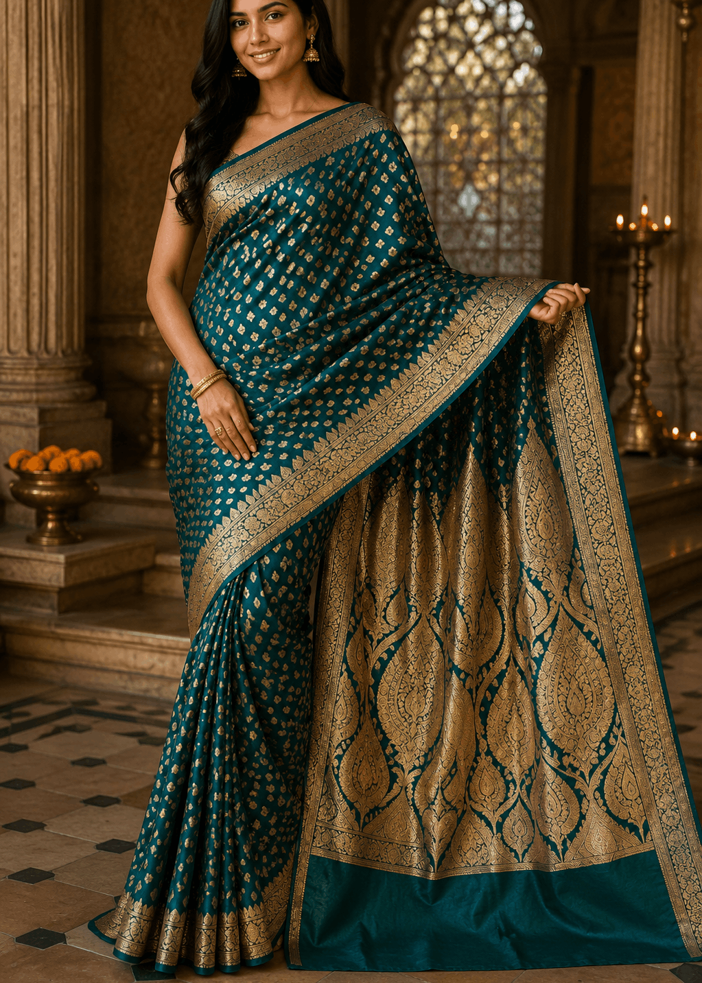 Teal green Banarasi silk saree with dense gold zari buti body and oversized paisley pallu draped at lit temple setting
