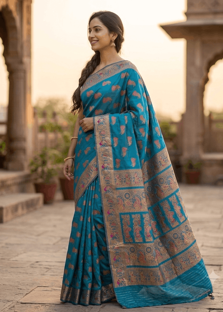 Teal Rajwada Baluchari silk saree with gold zari mythological pallu, handwoven heritage saree from West Bengal