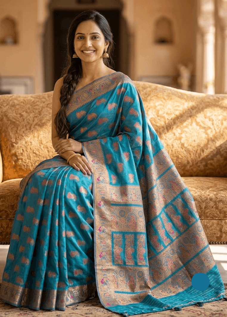 A woman wearing a teal blue Baluchari Saree with gold work sits on an ornate gold-colored sofa in a traditional Indian indoor setting.