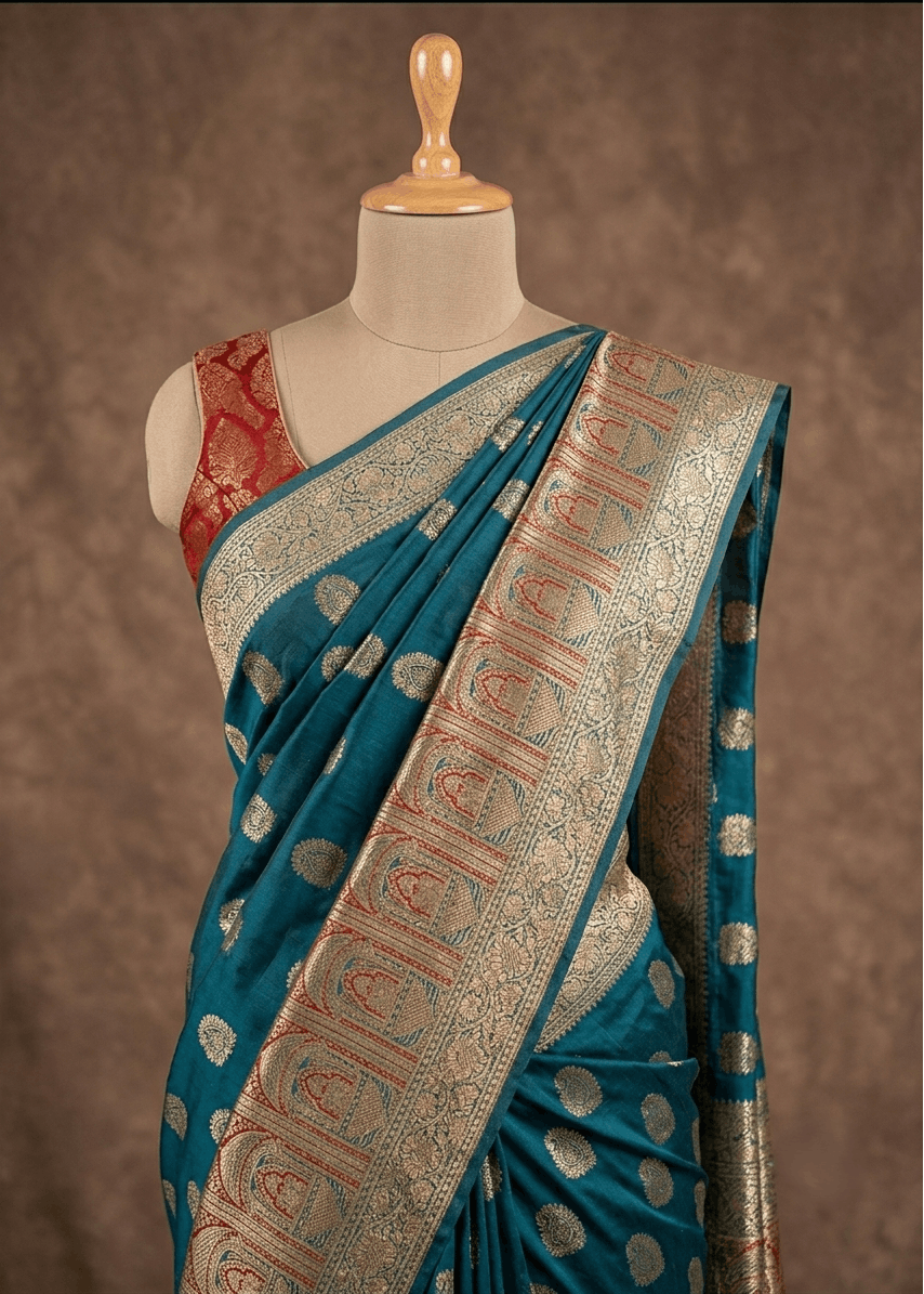 A teal blue silk Baluchari saree with intricate gold and silver zari embroidery, draped on a cream-colored mannequin torso. The saree features a wide gold border with silver motifs and a red embroidered blouse underneath, set against a textured brown backdrop.