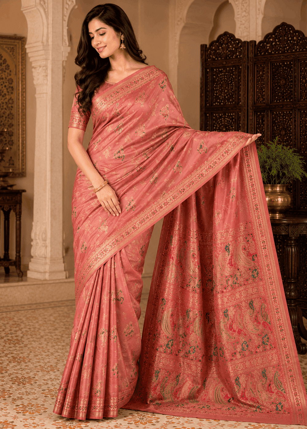 Full-length shot of a woman in a dusty rose peach Baluchari silk saree featuring subtle all-over motifs, a fine woven border, and an elaborate pallu depicting traditional paisley patterns and mythological artwork