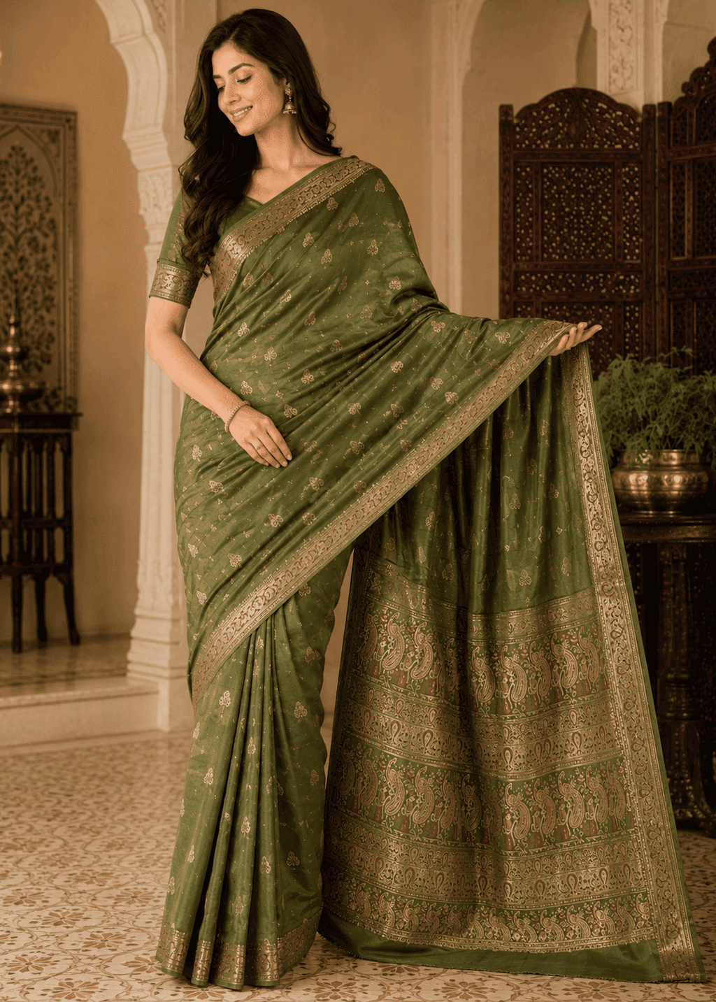 Full-length view of a woman wearing an imperial moss green Baluchari silk saree with delicate gold small buti motifs, a rich gold border, and a lavishly woven pallu depicting classic mythological figures and intricate royal patterns