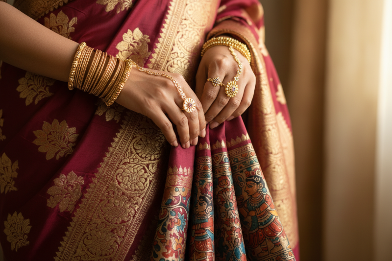 Close-up of a woman wearing a Maroon Banarasi Silk saree with golden zari work and Gold jewellery on her hands