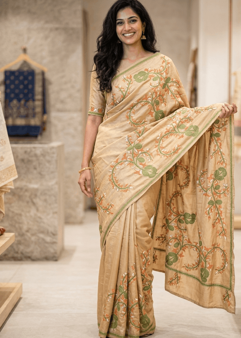 VanaLata Kantha Stitch Saree in elegant beige-gold cotton silk blend with handcrafted floral vine embroidery, artistic pallu detailing, and Bengal handloom craftsmanship ideal for festive and contemporary ethnic wear.