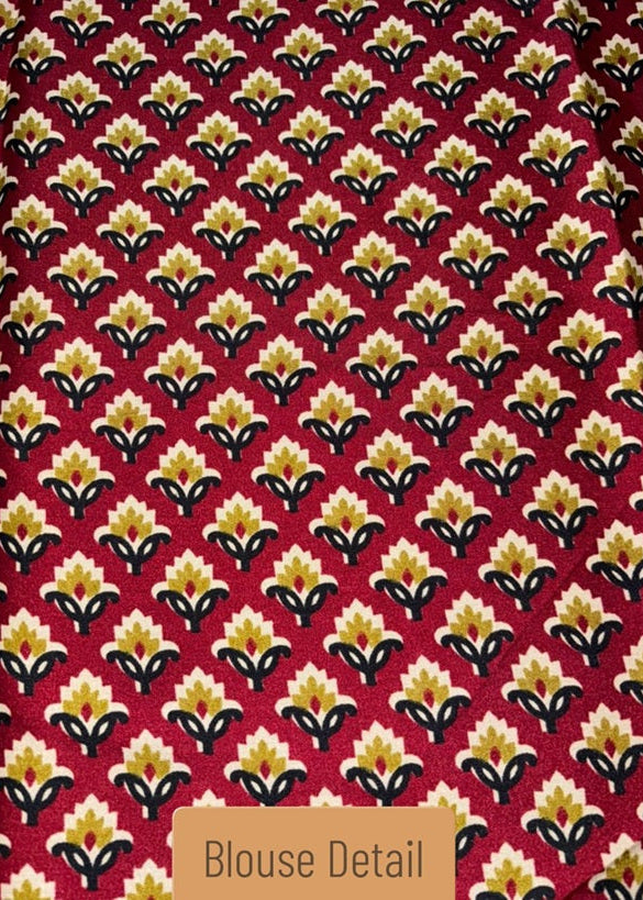 Patterned Blouse fabric with floral design on a red background, labeled 'Blouse Detail'.