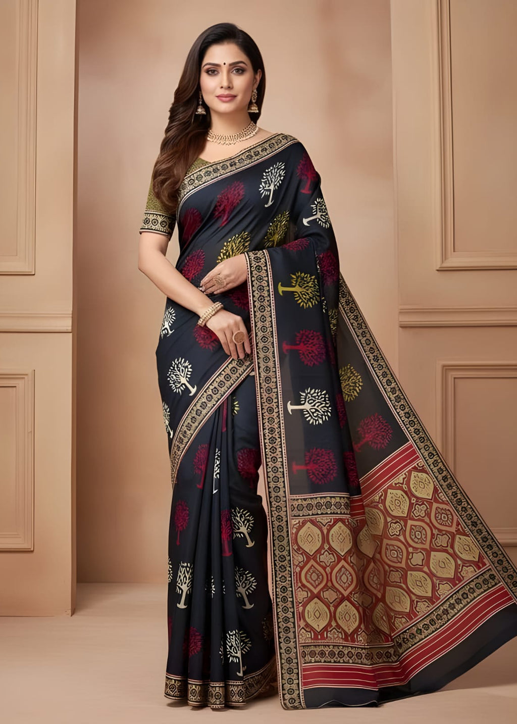 Woman wearing a traditional Azrakh saree with intricate Tree patterns against a beige wall.