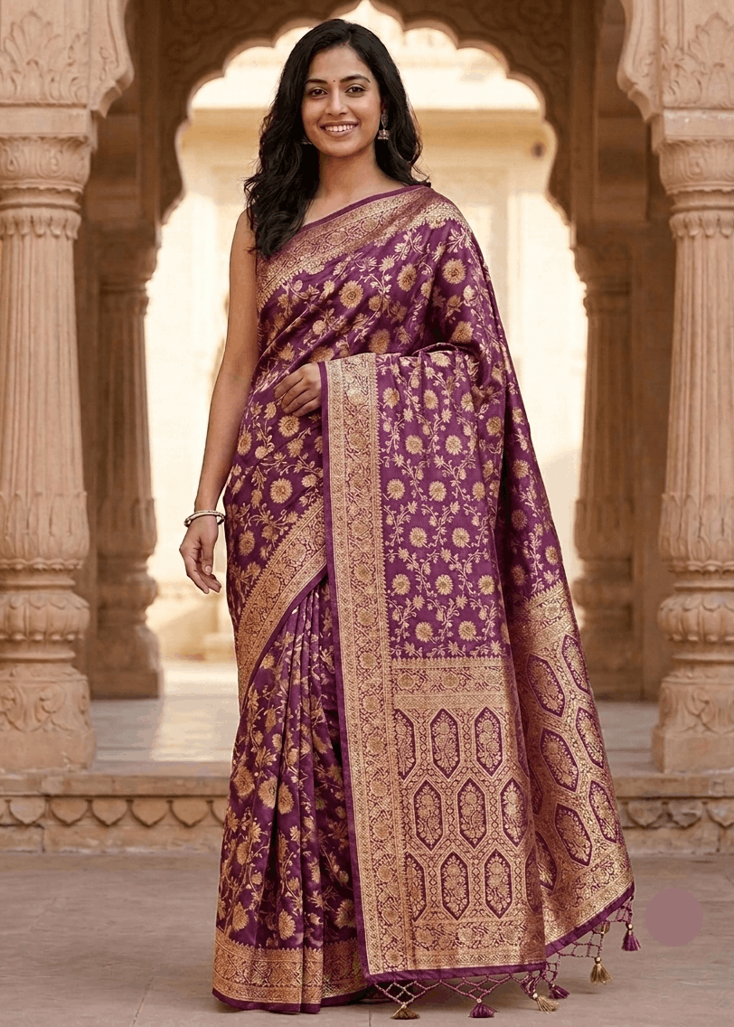 Wine purple floral jaal Banarasi silk saree with antique gold zari geometric pallu worn at heritage haveli setting