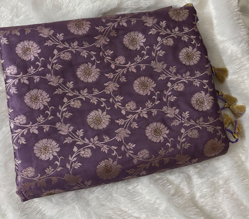 Dense antique gold chrysanthemum floral jaal weave on wine purple pure silk Banarasi saree — full body detail