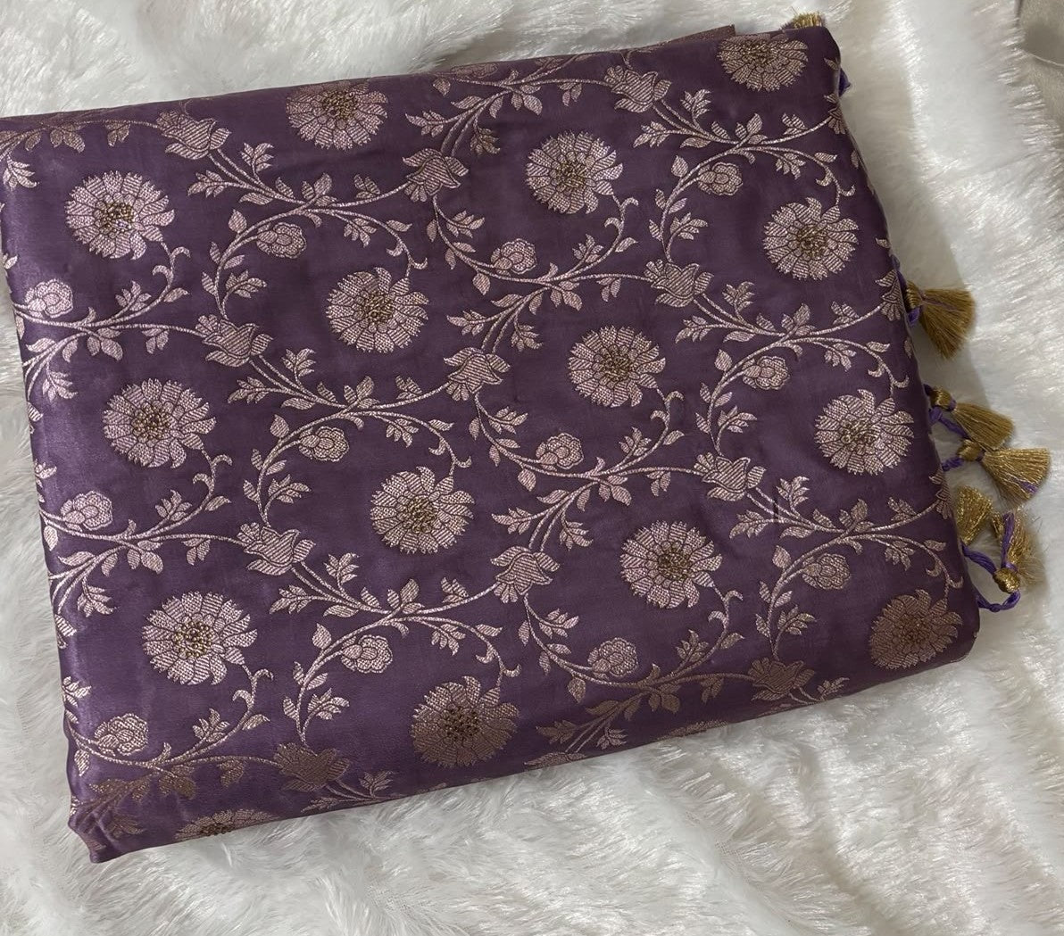 Dense antique gold chrysanthemum floral jaal weave on wine purple pure silk Banarasi saree — full body detail