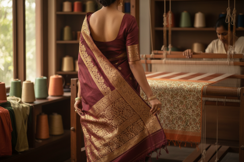 Woman wearing a traditional maroon saree with gold border in a room with shelves and a table.